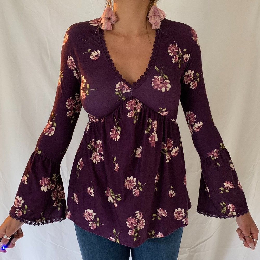 Purple Floral Long Sleeved Blouse with Flares